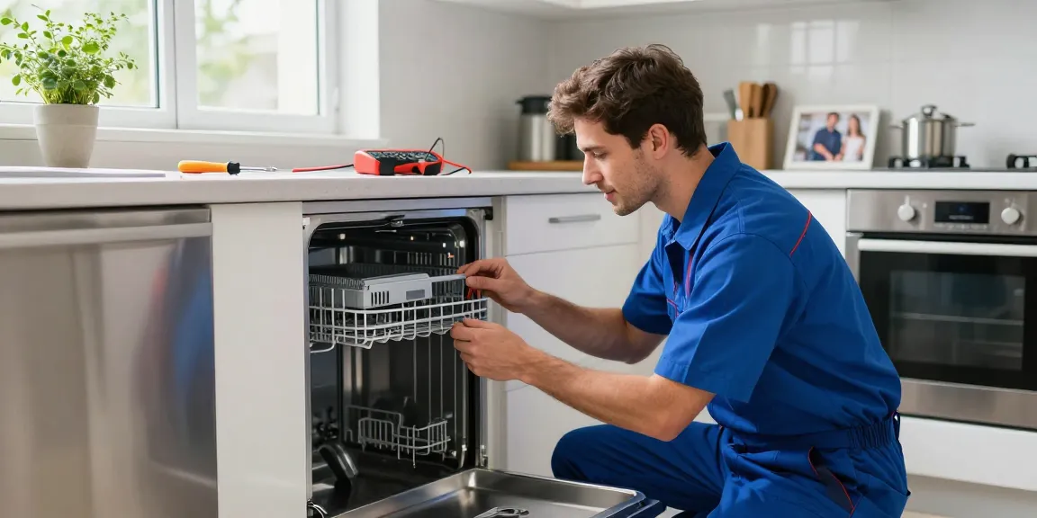 Expert technician conducting dishwasher repair Newmarket in a bright kitchen setting, showcasing quality service.