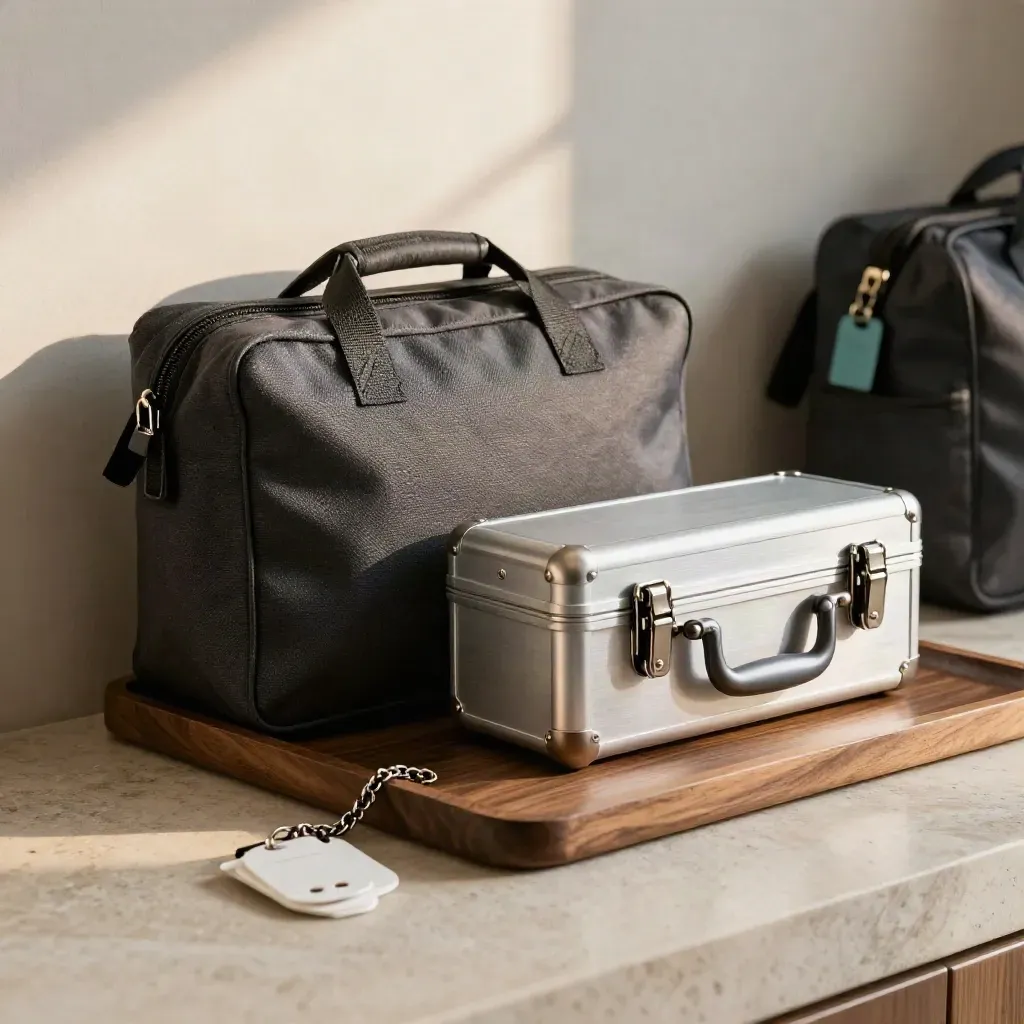 Secure pouch, transfer case, and security tags on a walnut tray in soft afternoon light.