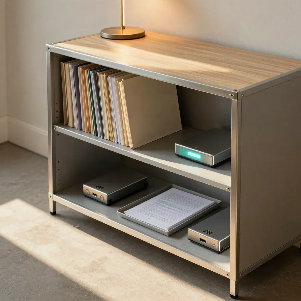 Secure file cabinet with docked drives and a return tray in a warm office corner.