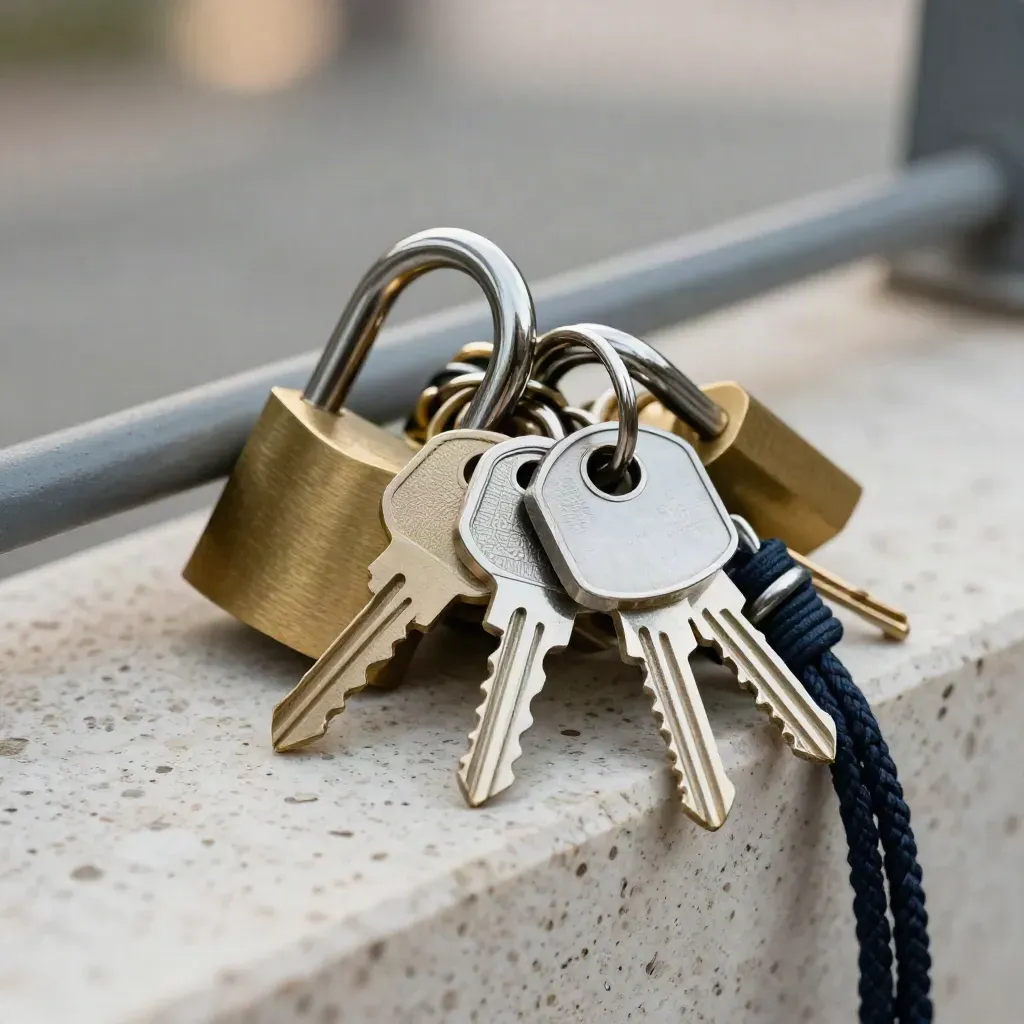 Macro still life of security keys, brass padlocks, and a metal access token on travertine.