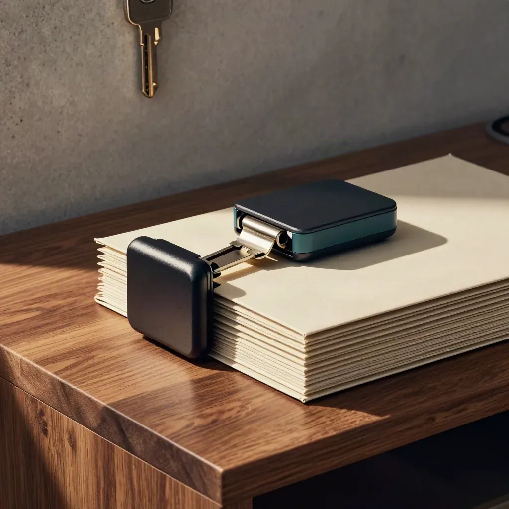 Courier latch, offline phone dock, and shielded mailers on a walnut packing bench