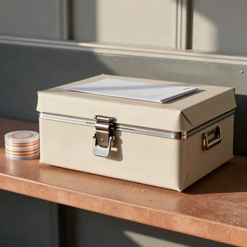 Courier clasp and tamper seals in a foam-lined transport tray on a clay-toned shelf.