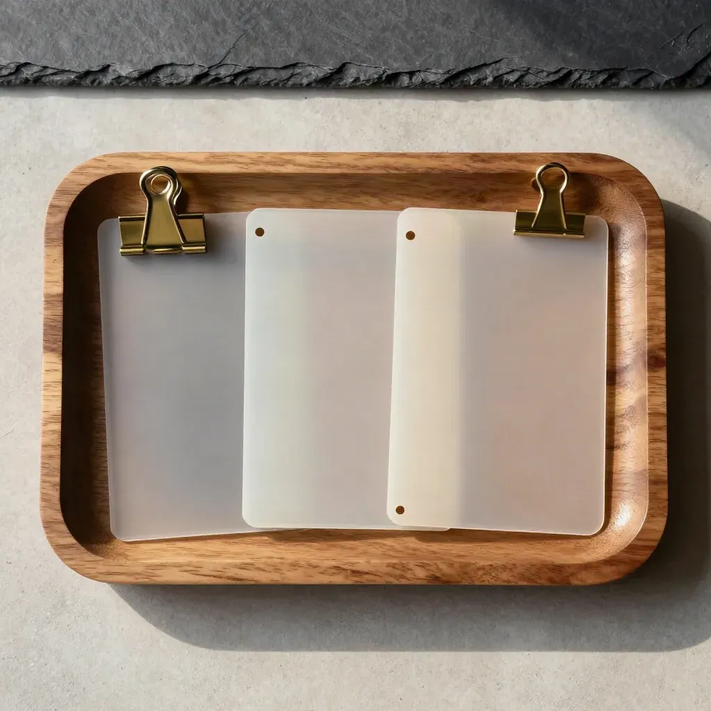 Overhead oak-tray flatlay of frosted dividers, brass clip and security sleeves on concrete.