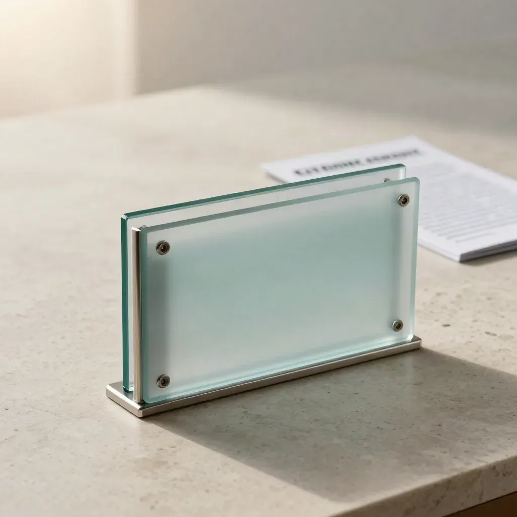 Frosted acrylic portal frame with rail and folder modules on a pale stone surface.