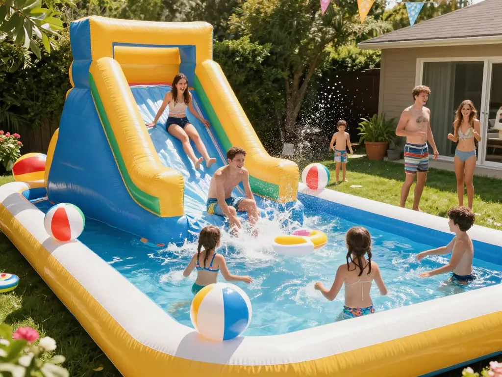 Exciting moment of kids sliding down a water slide inflatable into a pool during a summer backyard party